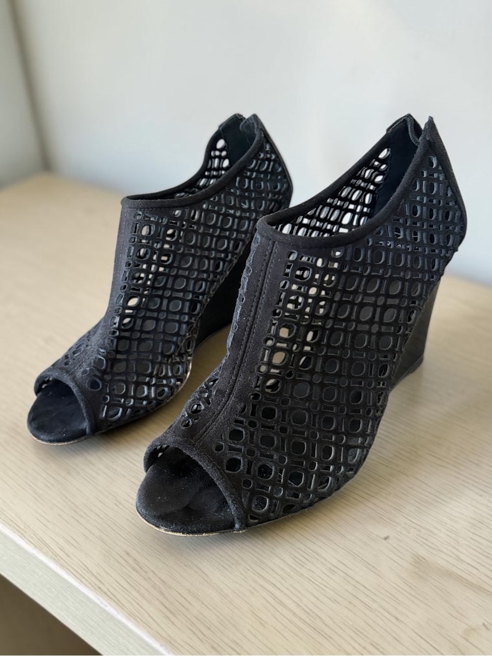 Aquatalia Black Laser-Cut Peep-Toe Wedge Booties